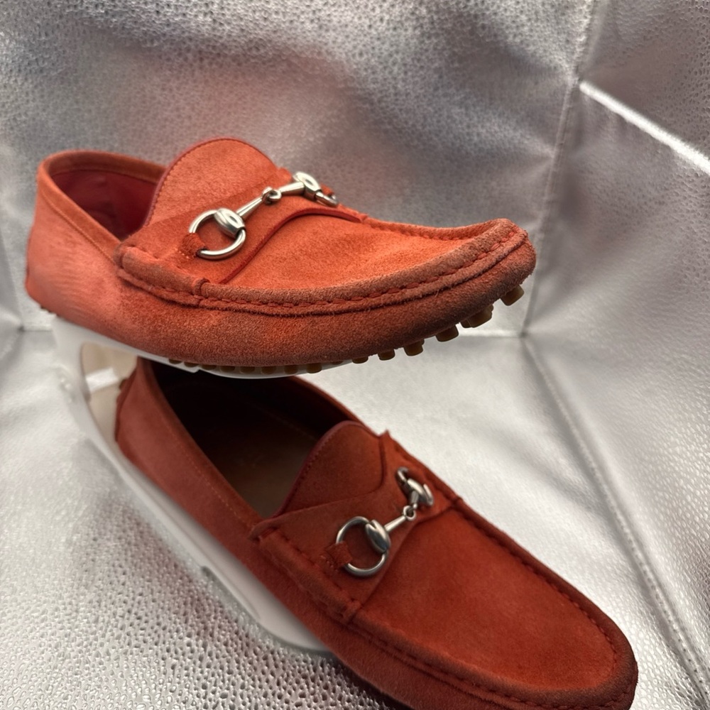 Gucci Coral red Suede Horsebit Loafers with Silver Accents size 8 1/2 G